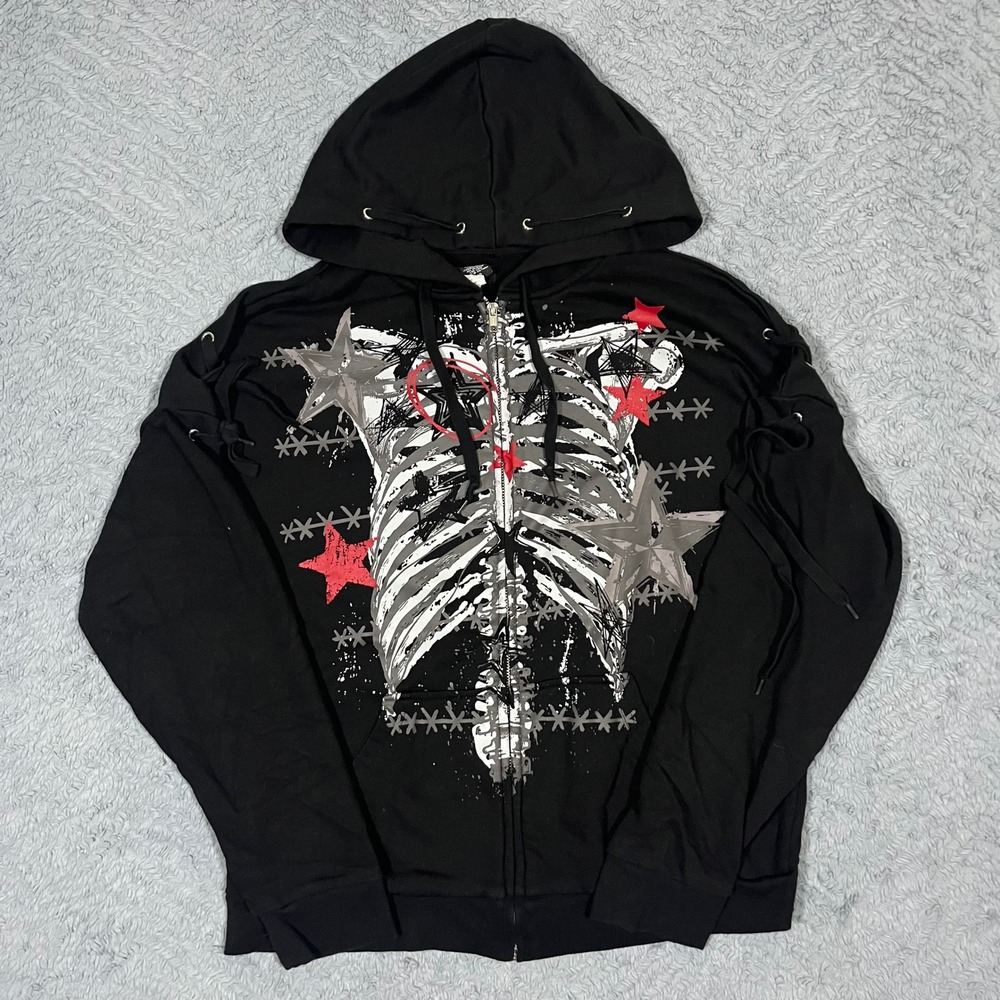 Social Collision Black Skeleton Star Lace Up Zip Hoodie Womens Sz M Gothic Emo